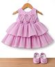 Blabber Sleeveless Stone & Pearl Embellished Floral Applique Detailed Knee Length Layered Dress With Booties - Lavender