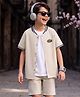 Arias Cotton Woven Half Sleeves Ribbed Collar Shirt & Shorts Set With T-Shirt - Beige