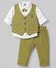 Mini Taurus Knitted Full Sleeves 3 Piece Party Suit with Attached Bow & Bear Embroidered - Olive