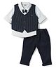 Mini Taurus 100% Cotton knit Full Sleeves Striped Three Piece Party Suit With Bow Applique - Navy Blue