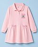 CUCUMBER Sinker Knit Full Sleeves Bow & Text Printed Frock With Patch  - Baby Pink