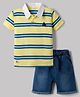 Babyhug Single Jersey Knit Half Sleeves Striped T-Shirt and Denim Shorts with Sailboat Embroidery - Yellow & Blue