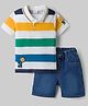 Babyhug Single Jersey Knit Half Sleeves Striped & Text Printed Polo T-Shirt & Denim Shorts Set - Navy Blue & Multicolor