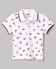 Zero Sinker Knit Half Sleeves Polo T-Shirts With Vehicles Print - White