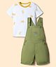 Babyhug 100% Cotton Slub Jersey Knit Half Sleeves Vehicle Printed Tee With Tree Embroidered Dungaree - Green & White