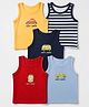 Doodle Poodle 100% Cotton Single Jersey Knit Sleeveless Stripe Vests With Vehicle Print Pack of 5 - Red,yellow, Navy, Black & Light Blue