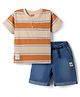 Babyhug Popcorn Knit Half Sleeves Striped T-Shirt & Denim Shorts Set - Multicolor & Blue