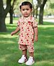 Cuddly cubs Cotton Woven Half Sleeves Oranges Printed Side Tie Up Detailed Coordinating Angrakha Top & Shorts Set - Red