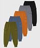 KUCHIPOO Cotton Blend Knit Pack Of 5 Solid Joggers - Black Grey Orange Blue & Olive Green