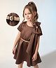 Hola Bonita Woven Half Sleeves Soild Party Dress with Bow Applique & Belt - Brown