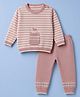 ToffyHouse Knit Full Sleeves Baby Sweater Set with Striped Design & Bunny Patch - Pink