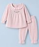 ToffyHouse Full Sleeves Sweater Set with Floral Embroidery & Frill Detailing - Light Pink