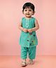 Vastramay Cotton Woven Sleeveless Sea Life Embroidered Kurti & Pants Set - Turquoise