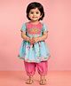 Vastramay Cotton Blend Woven Half Puffed Sleeves Gota Lace Embellished Floral Embroidered & Printed Kurti Pyjama Set - Aqua Blue