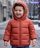 Babyoye Woven Full Sleeves Hooded Padded Solid Colour Jacket-Rust