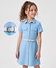 Hola Bonita Knit Half Sleeves Solid Textured Shirt Style Frock With Belt - Light Blue