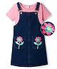 Hola Bonita Cotton Woven Dungaree Dress and Inner Tee with Half Sleeves and Floral Embroidery in Blue for 4-5 Years