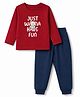 Doodle Poodle 100% Cotton Single Jersey Knit Full Sleeves Bear & Text Printed T-Shirt & Lounge Pant Set - Dark Red & Navy Blue