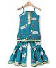 Saka Design Cotton Woven Sleeveless Lace Detailing Kurta & Gharara Set With Lotus & Cow Print - Teal Blue