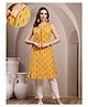 Zelena 100% Cotton Knit Sleeveless Abstract Printed Maternity Kurti With Front Button Nursing Access - Mustard