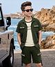 OLLINGTON ST. Set Of Cotton Knit Half Sleeve Text Printed Shirt With Inner Tee & Shorts Set - Dark Green & Cream