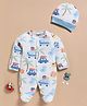 Wonderchild Full Sleeves Cars Printed Coordinating Footed Sleepsuit With Cap - Blue