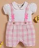 Wonderchild Checked & Bunny Applique Detailed Dungaree With Half Puffed Sleeves Top - White & Pink
