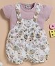 Wonderchild Floral Printed Dungaree With Half Puffed Sleeves Solid Tee - Smoky Grey & Lemon