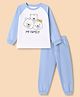 Doodle Poodle 100% Cotton Single Jersey Knit Raglan Full Sleeves Printed T-shirt With Full Length Joggers - White & Light Blue
