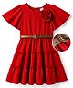 Hola Bonita Knit Half Flutter Sleeves Solid Tiered Frock With Bow Applique & Belt - Red