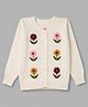 Bonfino 100% Cotton Knit Full Sleeves Front Open Sweaters with Floral Embroidery - White