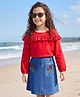 OLLINGTON ST. Cotton Woven Full Sleeves Top & Denim Skirt Set with Floral Embroidery - Red & Blue