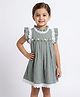 Rassha Cotton Woven Frill Sleeves Frock with Floral Applique & Lace Detailing -Grey
