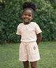 Mi Arcus Cotton Elastane Knit Half Sleeves Schiffli Embroidered Top & Shorts Set - Peach