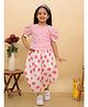 BownBee Pure Cotton Woven Half Puffed Sleeves Striped Top & Pants With Headband Set - Pink