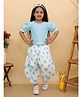 BownBee Pure Cotton Woven Half Puffed Sleeves Striped Top & Pants With Headband Set - Blue
