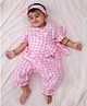 BownBee Pure Cotton Woven Half Sleeves Checked Coordinating Top & Pants With Headband Set - Pink