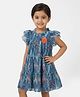 Rassha Cotton Woven Cap Sleeves Frock with Floral Print & Applique - Blue