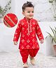 EARTHY TOUCH Cotton Jersey Knit Full Sleeves Kurta Dhoti Set With Floral Foil Print & Lace Detailing - Red