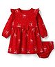 Doodle Poodle 100% Cotton Single Jersey Knit Full Sleeves Bow Printed Frock With Bloomer & Applique - Red