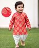 EARTHY TOUCH Cotton Jersey Knit Full Sleeves Kurta Dhoti Set With Floral Foil Print & Lace Detailing - Red