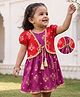 Earthy Touch 100% Cotton Knit Ethnic Dress with Half Sleeves and Floral Foil Print in Purple