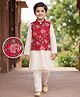EARTHY TOUCH Cotton Woven Full Sleeves Solid Colour Kurta Pajama Set with Floral Printed Nehru Jacket - Off White & Red