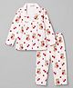 Babyhug Cotton Knit Full Sleeves Front Open Co-ord Top & Pyjama Night Suit with Teddy & Cherry Print - White