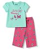 Honeyhap Premium 100% Cotton Knit Half Sleeves T-Shirt & Capri Night Suit with Bio Finish Butterfly Print -  Green & Pink