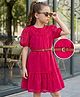 Hola Bonita Woven Half Sleeves Solid Textured Frock With Belt - Dark Pink