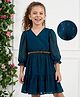 Hola Bonita Woven Three Forth Sleeves Textured Frock With Belt - Teal Blue