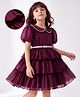 Hola Bonita Woven  Short Sleeves Tiered Party Dress With Highlighted Collar & Belt - Wine