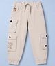 Olio Kids Cotton Woven Full Length Joggers With Cargo Pockets & Text Print - Light Grey
