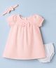 Babyhug Woven Half Sleeves Checked Frock With Bloomer & Bow Applique & Headband - Peach